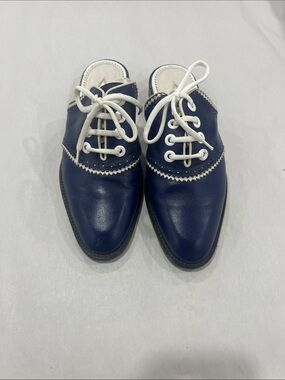 Navy Blue Leather Lace-Front Mules with White Trim